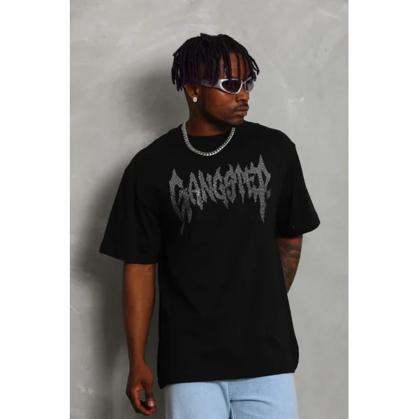 Unisex Oversize Taşlı Bisiklet Yaka T-Shirt - Siyah