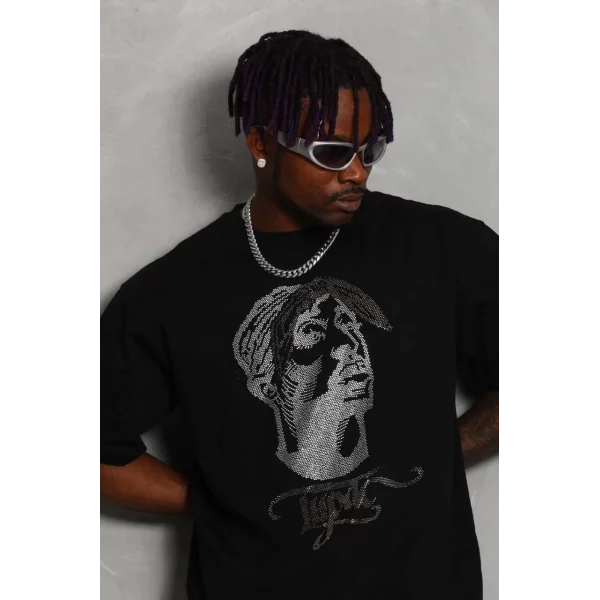 Unisex Oversize Taşlı Bisiklet Yaka T-Shirt - Siyah