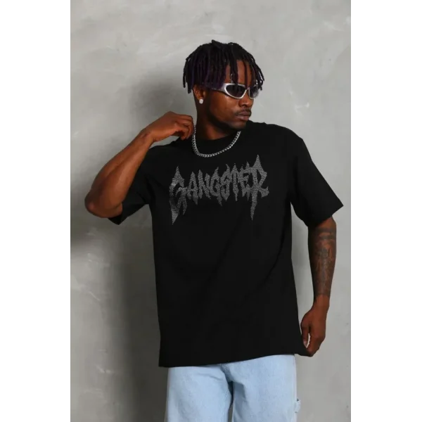 Unisex Oversize Taşlı Bisiklet Yaka T-Shirt - Siyah