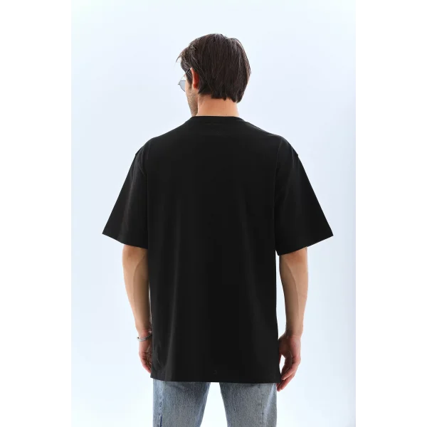 Unisex Oversize Taşlı Bisiklet Yaka T-Shirt - Siyah