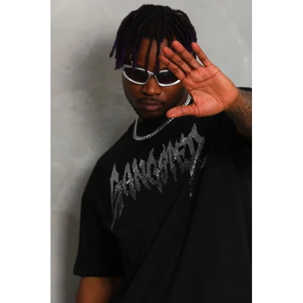 Unisex Oversize Taşlı Bisiklet Yaka T-Shirt - Siyah