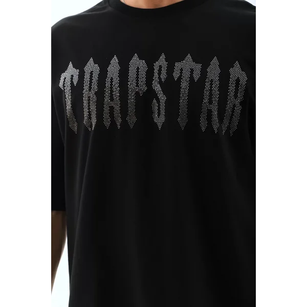 Unisex Oversize Taşlı Bisiklet Yaka T-Shirt - Siyah