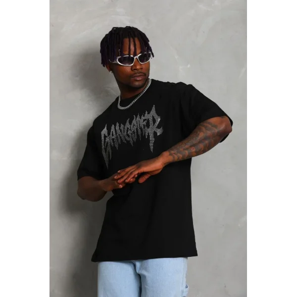 Unisex Oversize Taşlı Bisiklet Yaka T-Shirt - Siyah