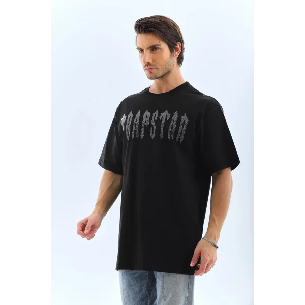 Unisex Oversize Taşlı Bisiklet Yaka T-Shirt - Siyah