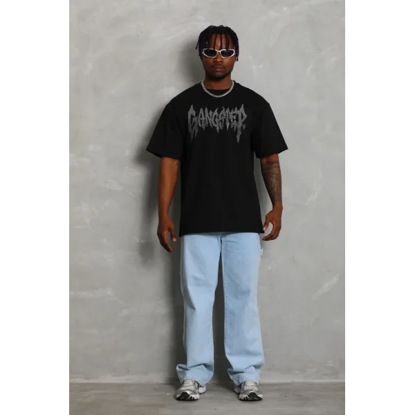 Unisex Oversize Taşlı Bisiklet Yaka T-Shirt - Siyah