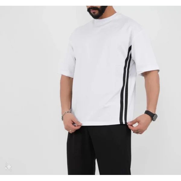 Unisex Oversize Yanları Şeritli T-Shirt - Beyaz