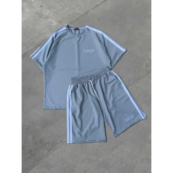 Unisex Şeritli Baskılı Şortlu Takım - Boyalı Gri