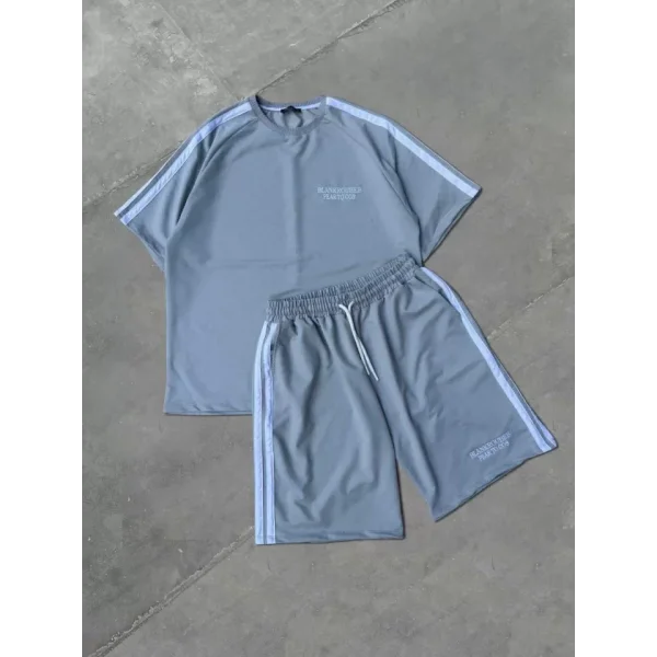 Unisex Şeritli Baskılı Şortlu Takım - Boyalı Gri