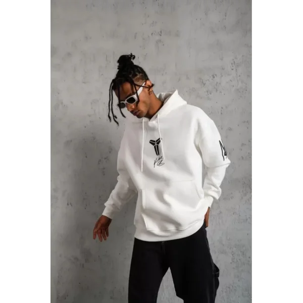 Unisex Sırt Baskılı Kapüşonlu Üç İplik Oversize Sweatshirt - Beyaz