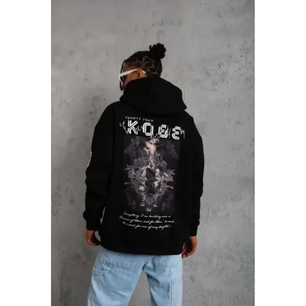 Unisex Sırt Baskılı Kapüşonlu Üç İplik Oversize Sweatshirt - Siyah