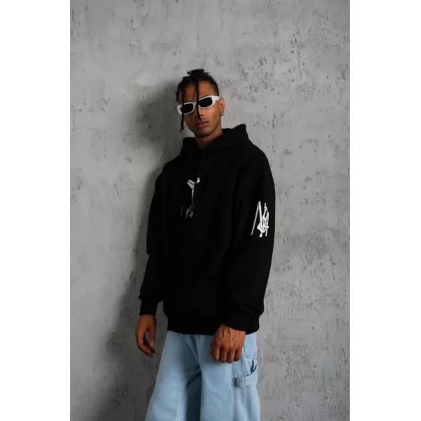 Unisex Sırt Baskılı Kapüşonlu Üç İplik Oversize Sweatshirt - Siyah