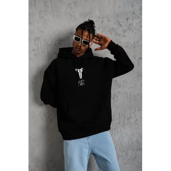 Unisex Sırt Baskılı Kapüşonlu Üç İplik Oversize Sweatshirt - Siyah