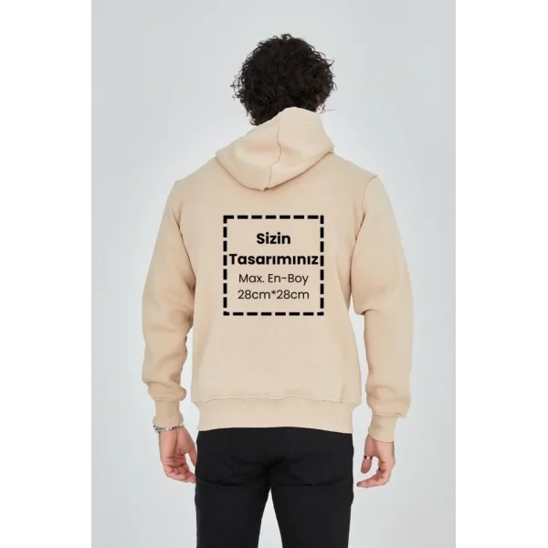 Unisex Tam Fermuarlı Kapşonlu Özel Tasarım SweatShirt - Bej