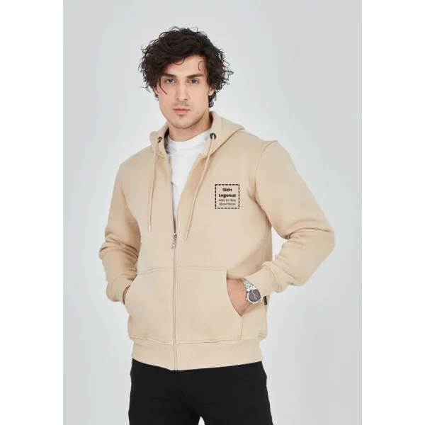 Unisex Tam Fermuarlı Kapşonlu Özel Tasarım SweatShirt - Bej