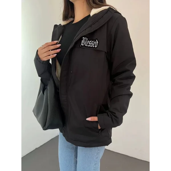 Unisex Tam Kalıp kapüşonlu İçi Kürklü Mont - Siyah