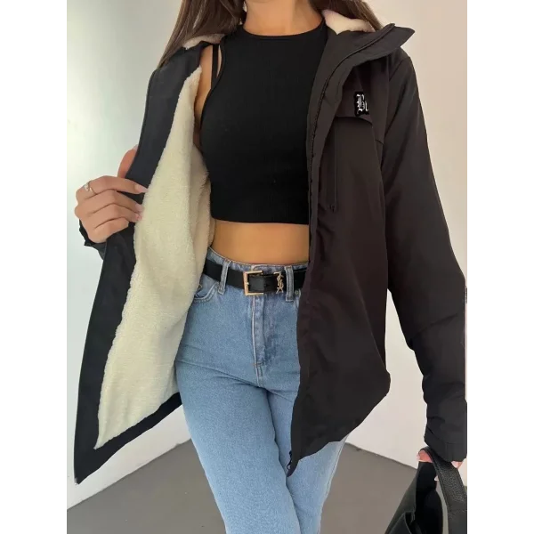 Unisex Tam Kalıp kapüşonlu İçi Kürklü Mont - Siyah