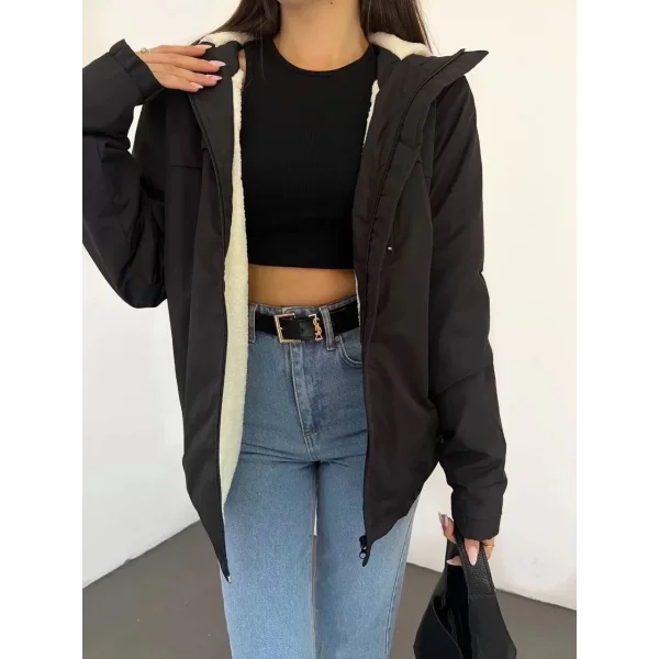 Unisex Tam Kalıp kapüşonlu İçi Kürklü Mont - Siyah