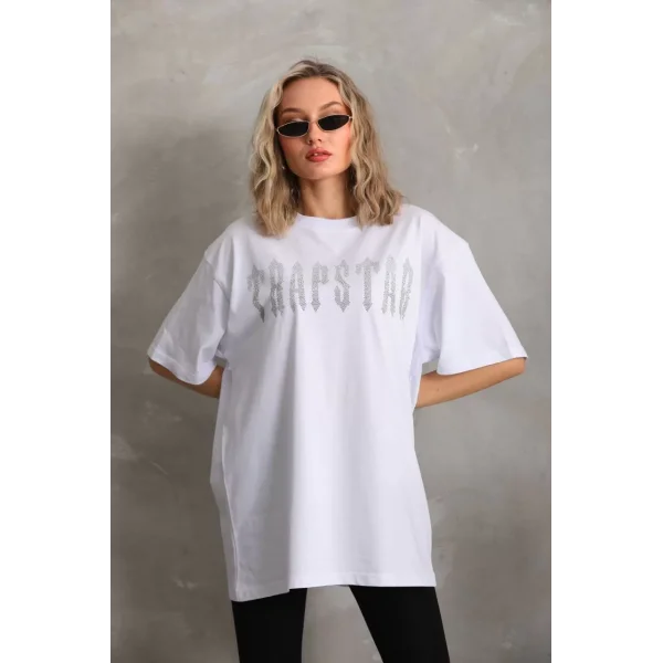 Unisex Taş Desenli Oversize T-Shirt - Beyaz