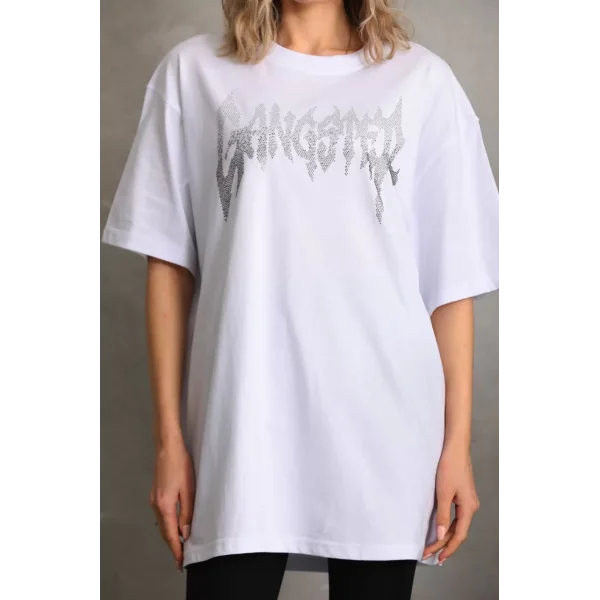 Unisex Taş Desenli Oversize T-Shirt - Beyaz