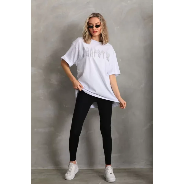 Unisex Taş Desenli Oversize T-Shirt - Beyaz