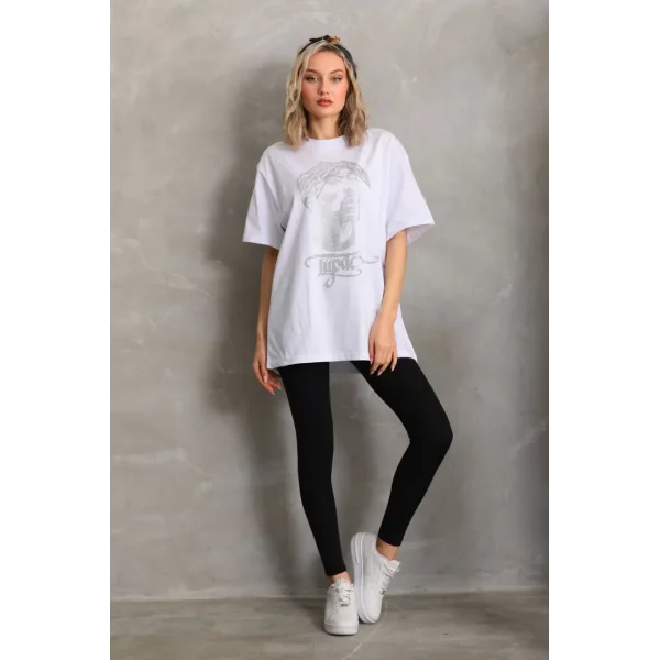 Unisex Taş Desenli Oversize T-Shirt - Beyaz
