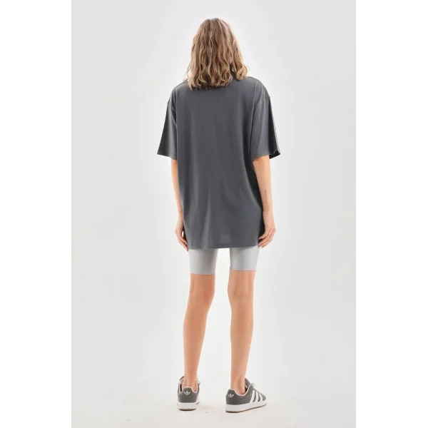 Unisex Taş Desenli Oversize T-Shirt - Füme