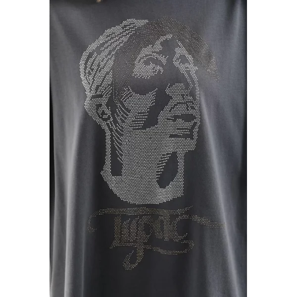 Unisex Taş Desenli Oversize T-Shirt - Füme