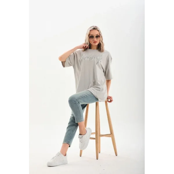 Unisex Taş Desenli Oversize T-Shirt - Gri
