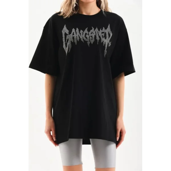 Unisex Taş Desenli Oversize T-Shirt - Siyah
