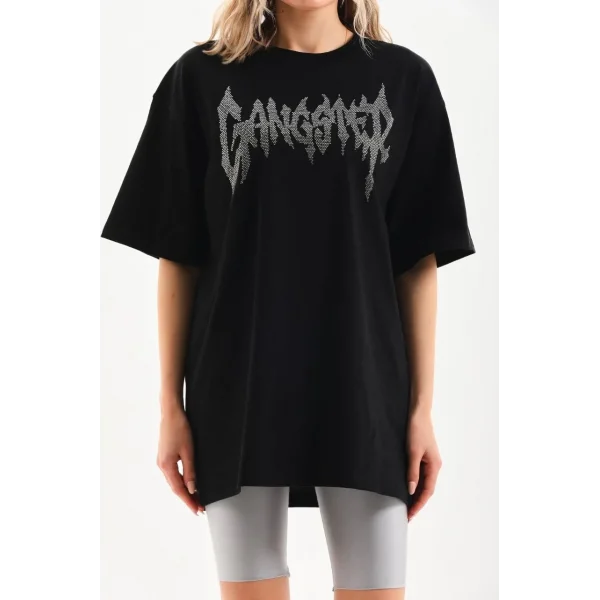 Unisex Taş Desenli Oversize T-Shirt - Siyah