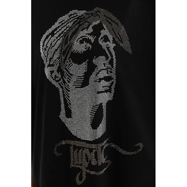 Unisex Taş Desenli Oversize T-Shirt - Siyah