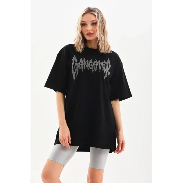 Unisex Taş Desenli Oversize T-Shirt - Siyah