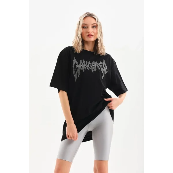 Unisex Taş Desenli Oversize T-Shirt - Siyah
