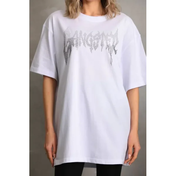 Unisex Taş Desenli Oversize Thirt  Beyaz