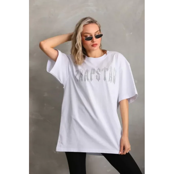 Unisex Taş Desenli Oversize Thirt  Beyaz