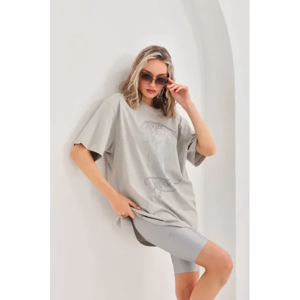 Unisex Taş Desenli Oversize Thirt  Gri