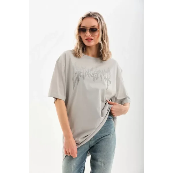 Unisex Taş Desenli Oversize Thirt  Gri