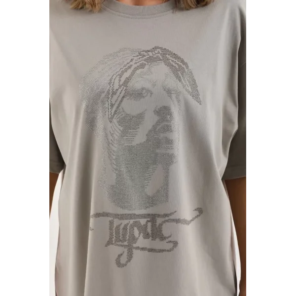Unisex Taş Desenli Oversize Thirt  Gri