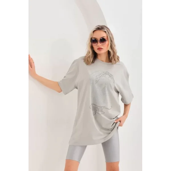 Unisex Taş Desenli Oversize Thirt  Gri