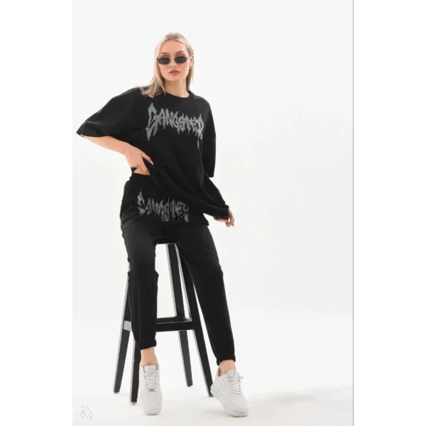 Unisex Taşlı T-Shirt Ve Eşofman Takımı - Siyah