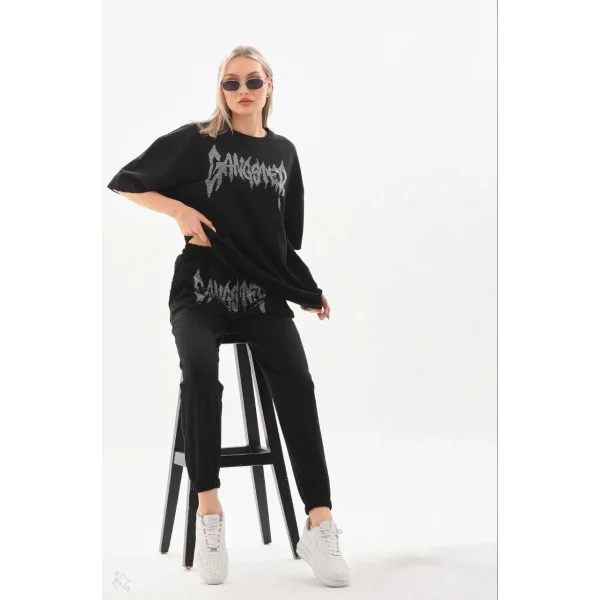 Unisex Taşlı T-Shirt ve Eşofman Takımı - Siyah