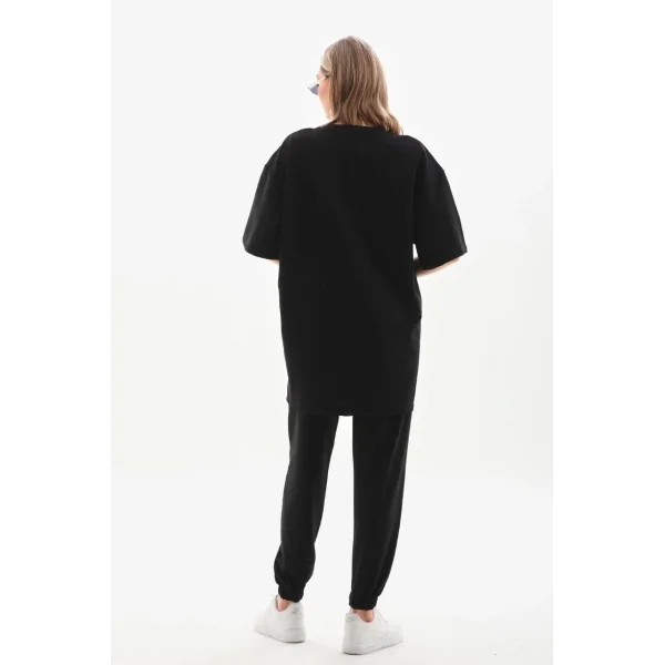 Unisex Taşlı T-Shirt ve Eşofman Takımı - Siyah