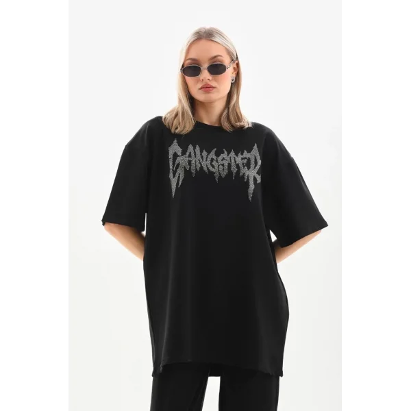 Unisex Taşlı T-Shirt ve Eşofman Takımı - Siyah