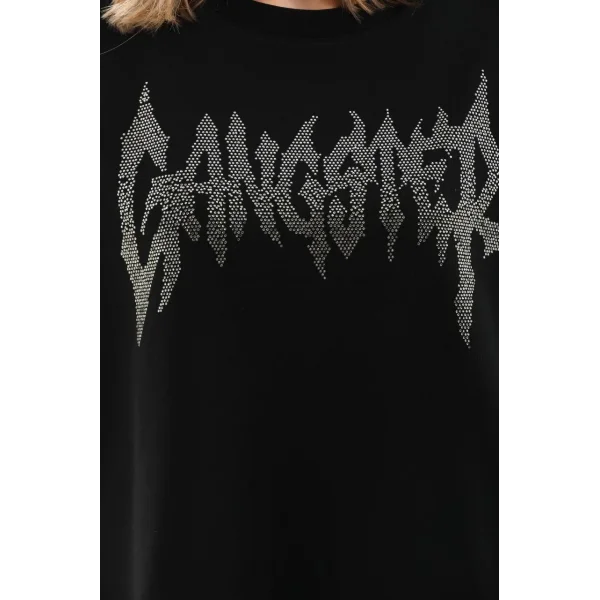 Unisex Taşlı T-Shirt ve Eşofman Takımı - Siyah