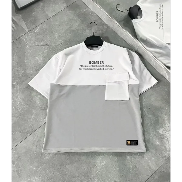 Unisex Torba Cep Detaylı  Parçalı T-Shirt - Gri