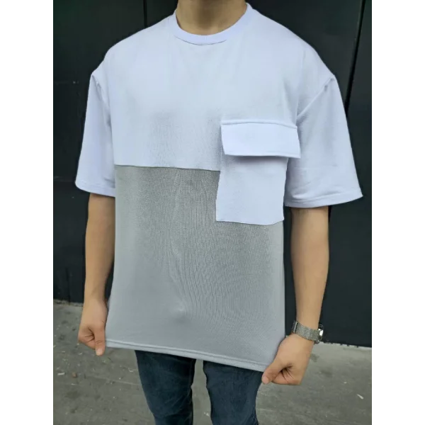 Unisex Torba Cep Detaylı Parçalı T-Shirt - Gri