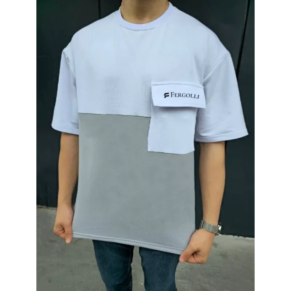 Unisex Torba Cep Detaylı  Parçalı T-Shirt - Gri