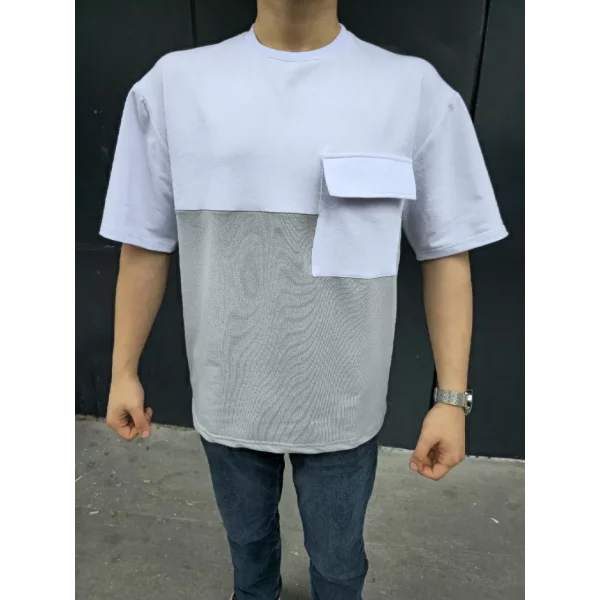 Unisex Torba Cep Detaylı Parçalı T-Shirt - Gri