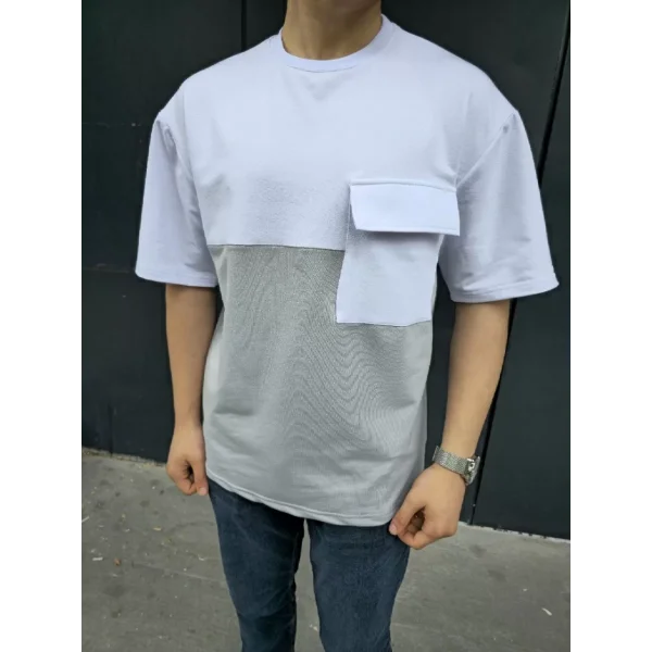 Unisex Torba Cep Detaylı Parçalı T-Shirt - Gri