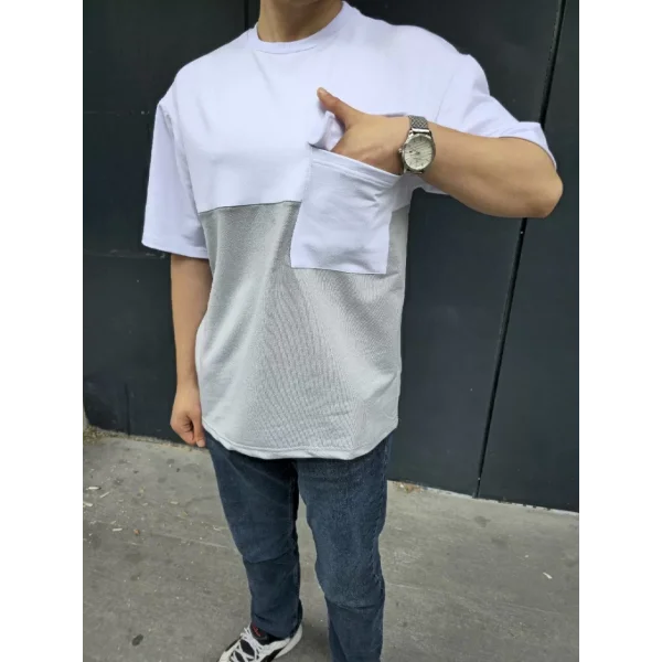 Unisex Torba Cep Detaylı Parçalı T-Shirt - Gri